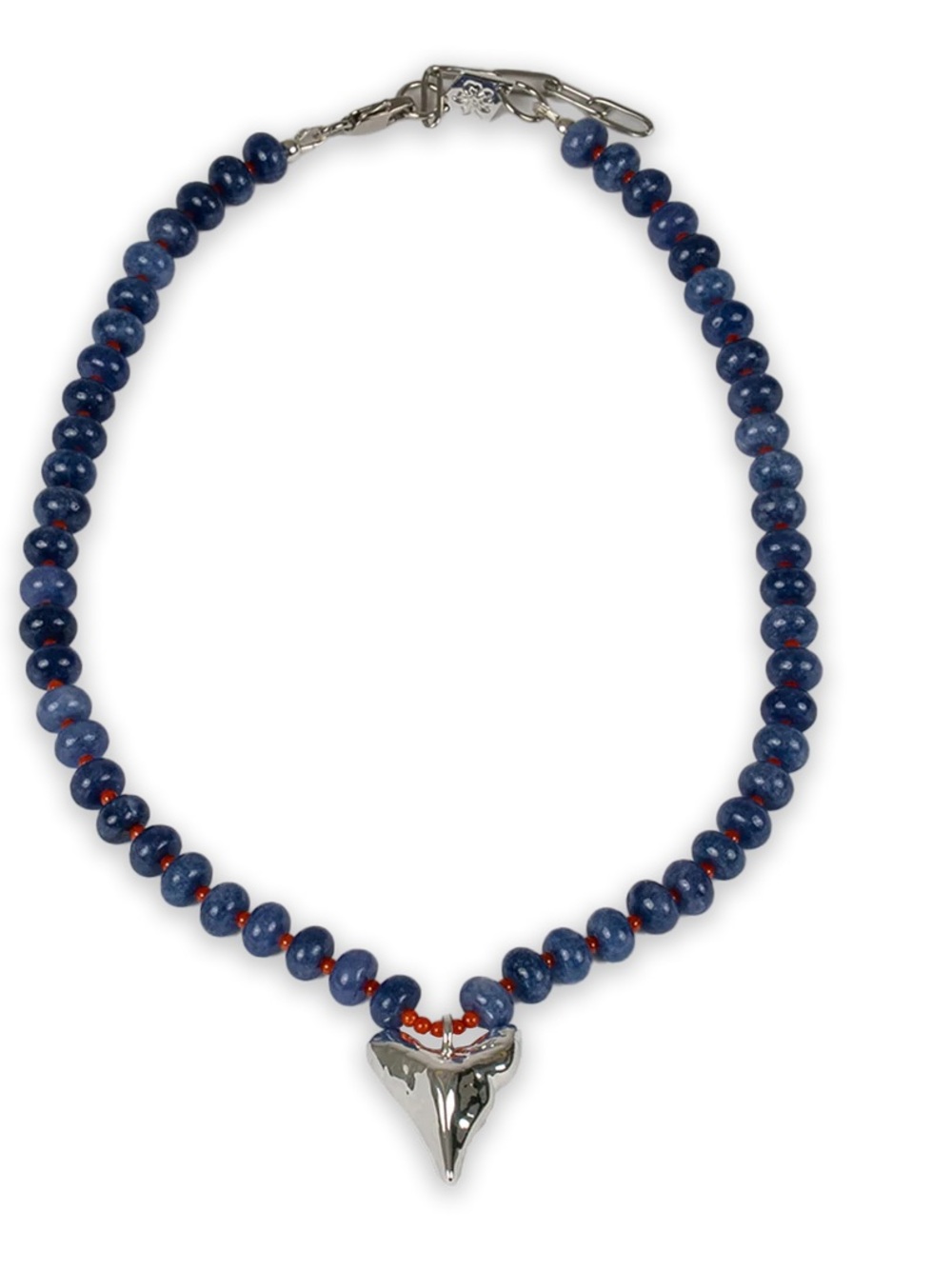 Blue Beaded Necklace with Silver Shark Tooth Pendant by
